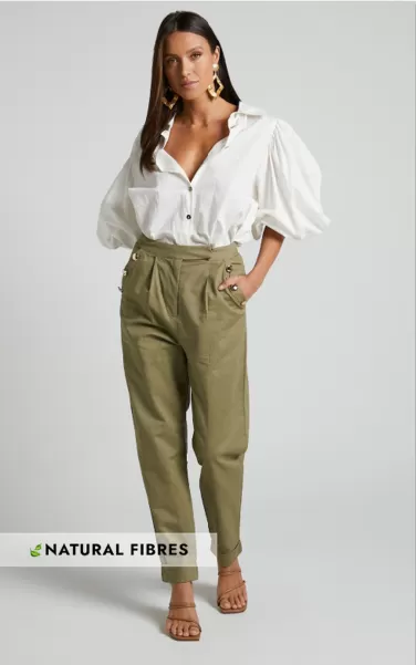 Showpo Women Amalie The Label - Mael Linen Look High Waisted Tapered Pants In Khaki Pants