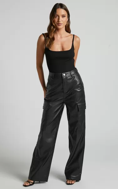 Showpo Women Elviera Pants - High Waisted Faux Leather Cargo Pants In Black Pants