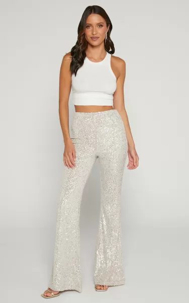 Pants Showpo Women Deliza Pants - Mid Waisted Sequin Flare Pants In Champagne