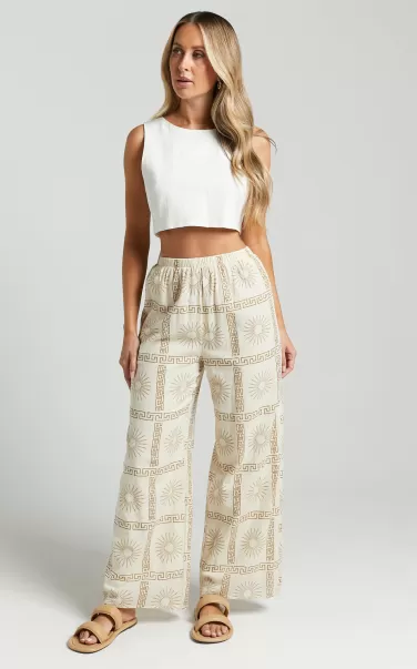 Cassidy Pant - Elasticated Linen Look Pants In Beige Sun Print Pants Showpo Women