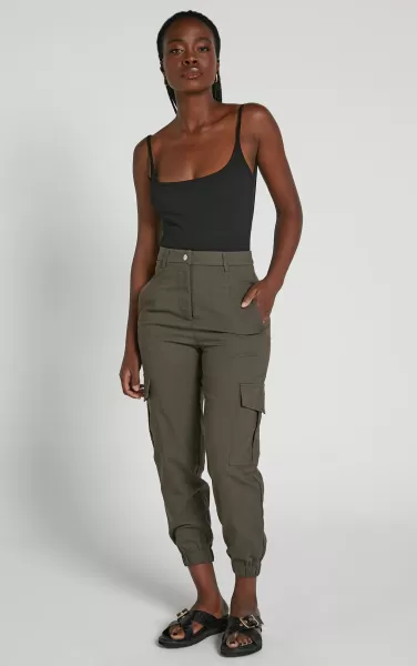 Women Kayla Pants - Mid Rise Cargo Pants In Dark Olive Pants Showpo