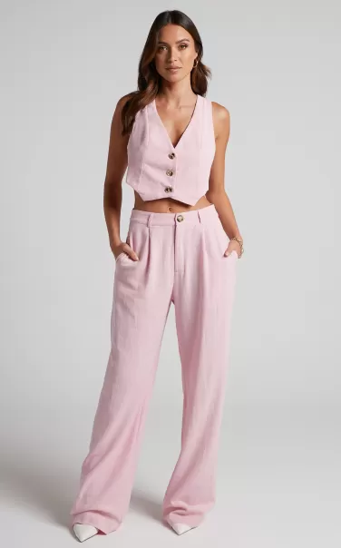 Pants Showpo Larissa Trousers - Linen Look Mid Waisted Relaxed Straight Leg Trousers In Musk Women