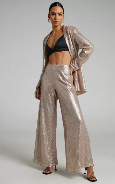 Looma Sequin Pants - High Waisted Super Wide Leg Pants In Champagne Showpo Pants Women