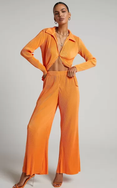 Amarante Pants - High Waisted Plisse Wide Leg Pants In Orange Showpo Pants Women