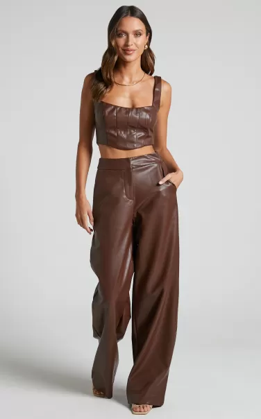 Women Minx - High Waisted Faux Leather Wide Leg Trousers In Chocolate Pants Showpo