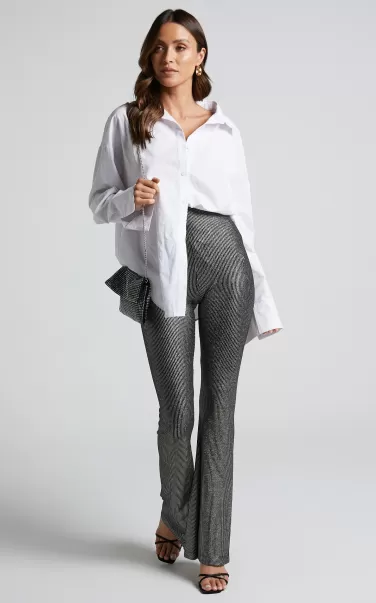 Women Merlin Pants - High Waisted Lurex Flared Pants In Black And Silver Pants Showpo