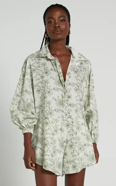 Rompers Anka Playsuit - Relaxed Button Front Shirt Playsuit In Green Floral Showpo Women