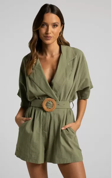 Rompers Thaisa Playsuit - Short Sleeve Collared Belted Playsuit In Khaki Showpo Women