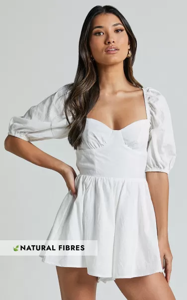 Showpo Vicky Playsuit - Sweetheart Short Puff Sleeve Tie Back In White Women Rompers