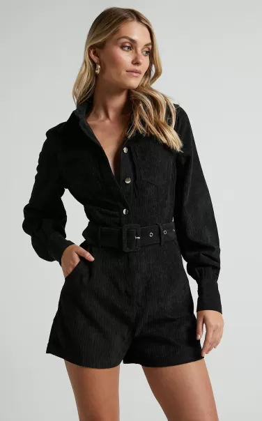 Women Rompers Showpo Jamiel Playsuit - Long Sleeve Belted Corduroy Playsuit In Black