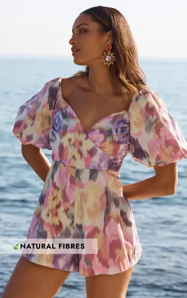 Showpo Women Rompers Amalie The Label - Palais Linen Look Off Shoulder Puff Sleeve Sweetheart Neck Playsuit In Montreuil Print