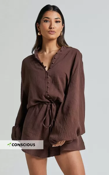 Laylani Playsuit - V Neck Puff Sleeve In Chocolate Rompers Women Showpo