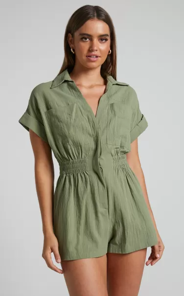 Rompers Daralyn Playsuit - Collared Button Down Utility Playsuit In Khaki Showpo Women