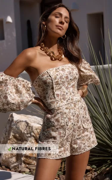 Amalie The Label - Chantal Linen Look Off The Shoulder Puff Sleeve Playsuit In Maya Floral Women Rompers Showpo