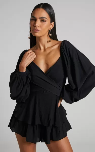 Florice Playsuit - Wrap Front Frill Playsuit In Black Women Rompers Showpo