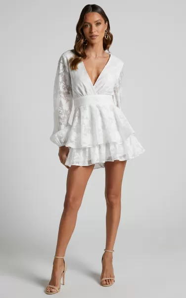 Rompers Showpo Jammae Playsuit - Long Sleeve Plunge Playsuit In White Burnt Out Floral Women