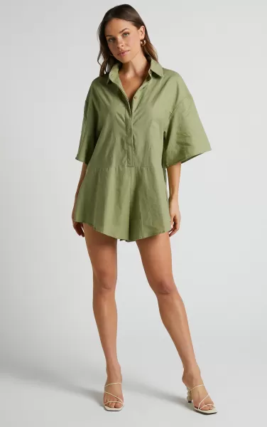 Showpo Women Ankana Playsuit - Short Sleeve Relaxed Button Front Playsuit In Light Olive Rompers