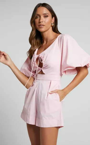 Showpo Rompers Khirara Playsuit - Tie Front Cut Out Puff Sleeve Playsuit In Ice Pink Women
