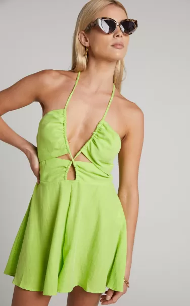 Women Khari Playsuit - Halter Cut Out Playsuit In Lime Showpo Rompers