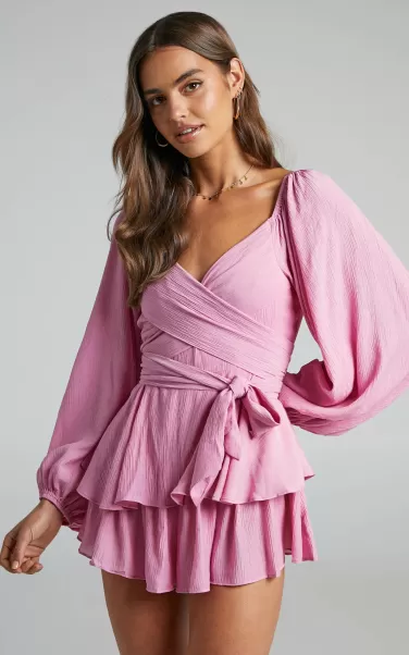 Showpo Rompers Women Florice Playsuit - Wrap Front Frill Playsuit In Pink