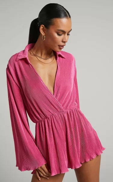 Women Elowen Playsuit - Plisse Collared Long Sleeve Playsuit In Pink Rompers Showpo