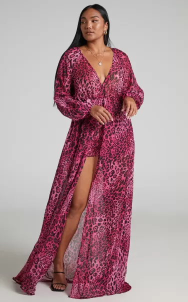 Aziza Playsuit - Plunge Neck Maxi Skirt Playsuit In Pink Leopard Rompers Women Showpo