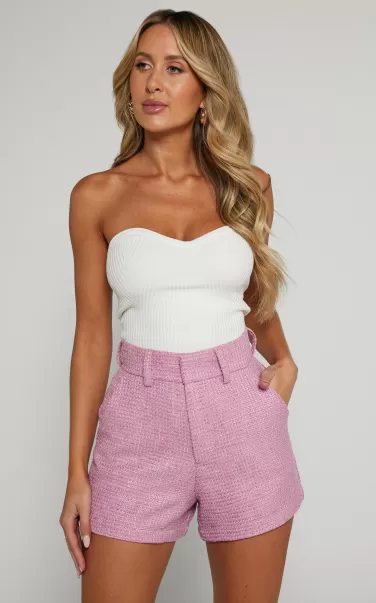 Carrie Shorts -  High Waisted Tailored Tweed Shorts In Pink Shorts Showpo Women