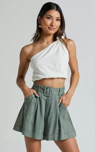 Showpo Lerose Pleated Shorts - Linen Look Belted High Waisted Shorts In Sage Women Shorts