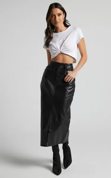 Showpo Skirts Women Jules Midi Skirt - Faux Leather High Waisted Front Split Midi Skirt In Black