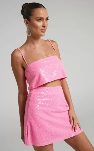 Elswyth Mini Skirt - Side Split Sequin Skirt In Pink Skirts Showpo Women