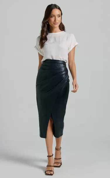 Gena Midi Skirt - Split Faux Leather Skirt In Black Showpo Skirts Women