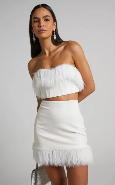 Showpo Skirts Women Rhaiza Mini Skirt - Faux Feather Trim High Waisted Skirt In White