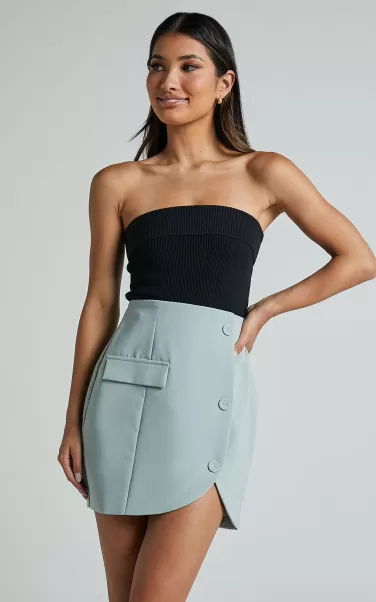 Showpo Women Skirts Kathia Mini Skirt - Asymmetric Button Detail Skirt In Sage