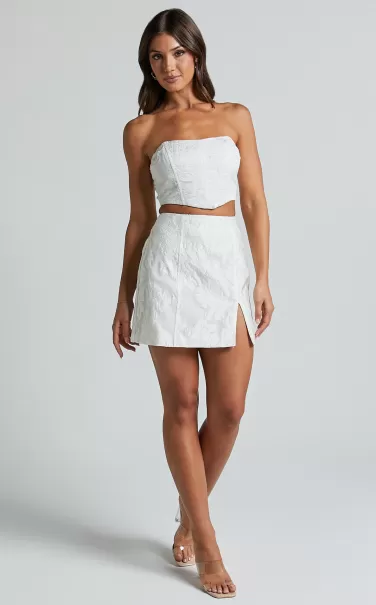 Women Skirts Brailey Mini Skirt - Split Jacquard Skirt In White Showpo