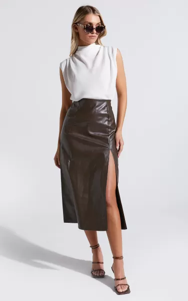 Showpo Women Bianca Midi Skirt - Thigh Split Faux Leather Skirt In Brown Skirts
