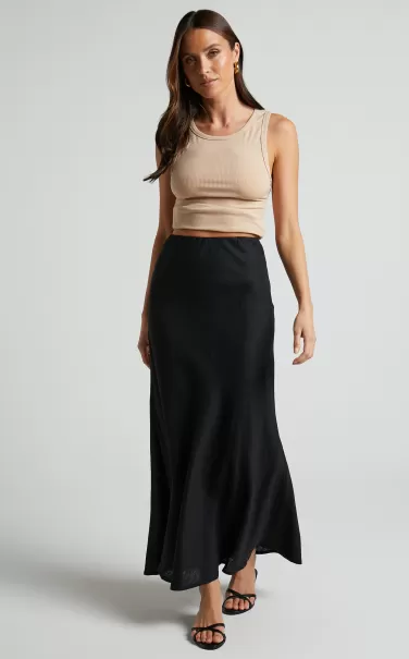 Showpo Women Skirts Aubrey Midi Skirt - Linen Look High Waisted Linen Look Bias Slip Skirt In Black