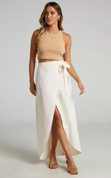 Showpo Aeditha Midi Skirt - Linen Look Wrap Skirt In Off White Women Skirts