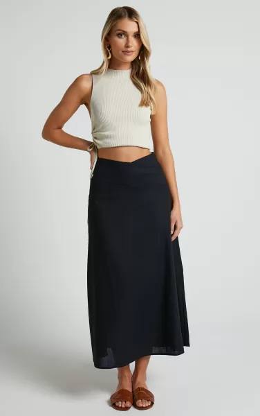 Women Skirts Showpo Sundry Midi Skirt - Linen Look High Waisted Cross Front Detail Skirt In Black