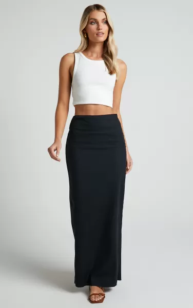 Vance Maxi Skirt - Linen Look Back Split Skirt In Black Women Skirts Showpo