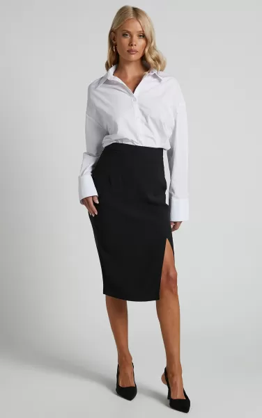 Showpo Women Ginna Midi Skirt - Front Slit Pencil Skirt In Black Skirts