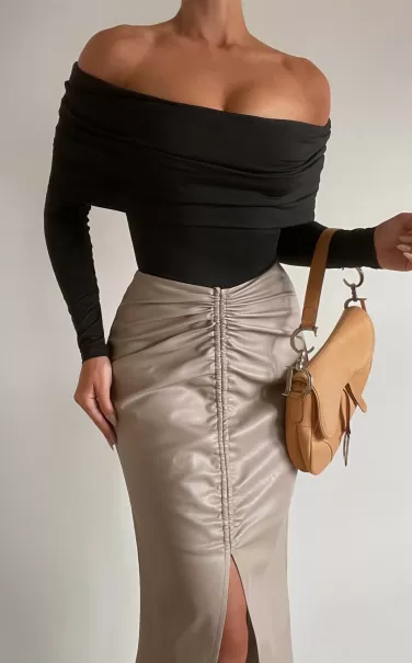 Skirts Women Showpo Laurenna Midi Skirt - Faux Leather Ruched Front Split Skirt In Beige