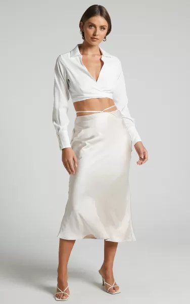 Showpo Jianna Midi Skirt - Tie Waist Slip Skirt In Oyster Skirts Women