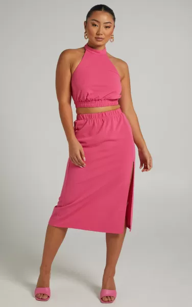 Lerah Midi Skirt - Elastic Waist Skirt In Hot Pink Women Skirts Showpo