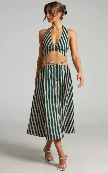 Women Showpo Atoir - The Gravity Midi Skirt In Ivy Peach Stripe Skirts