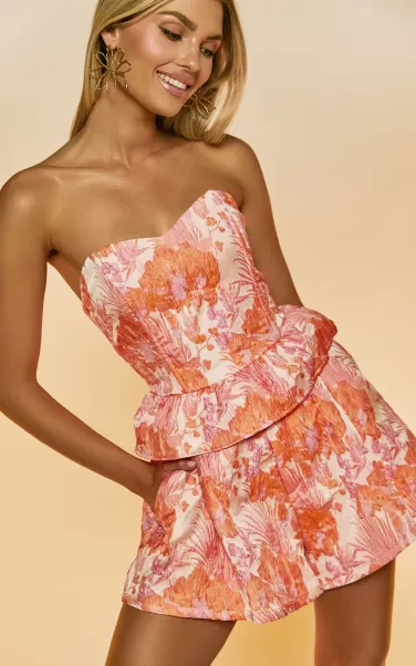 Tops Hailey Top - Jacquard Strapless Peplum Top In Pink & Orange Women Showpo