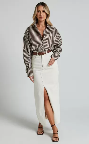 Women Tops Jaycey Shirt - Long Sleeve Pocket Detail Shirt In Brown Stripe Showpo