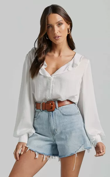 Camillia Top - Frill V Neck Long Blouson Sleeve Button Through Blouse In White Women Showpo Tops
