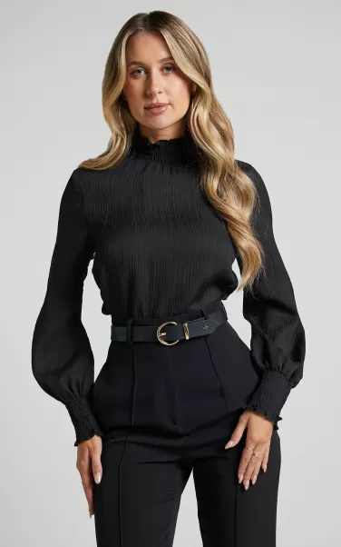 Showpo Women Tops Kelsey Blouse - Shirred Long Sleeve Blouse In Black