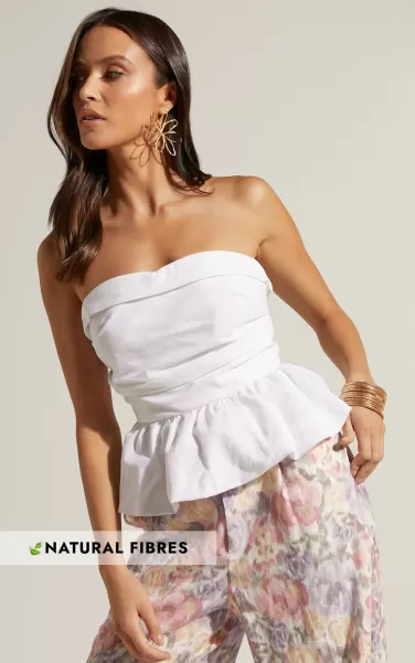 Amalie The Label - Cortez Linen Look Strapless Sweetheart Ruched Bodice Peplum Top In White Tops Women Showpo