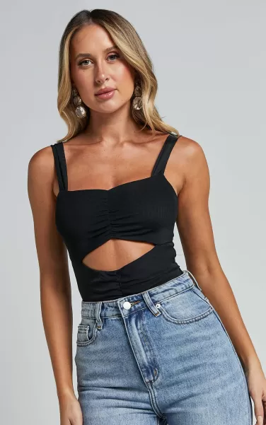 Cecely Bodysuit - Strappy Front Cut Out Ruched In Black Tops Women Showpo